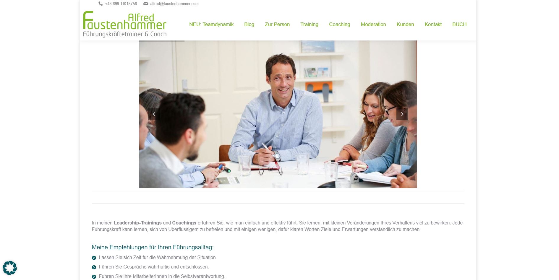 Screenshot der Website von Alfred Faustenhammer – Führungskräftetrainer, Coach, Autor
